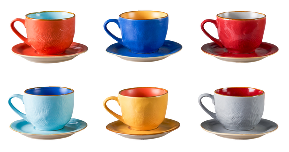 Gekleurde Koffiekopjes met schotel - Set van 6
